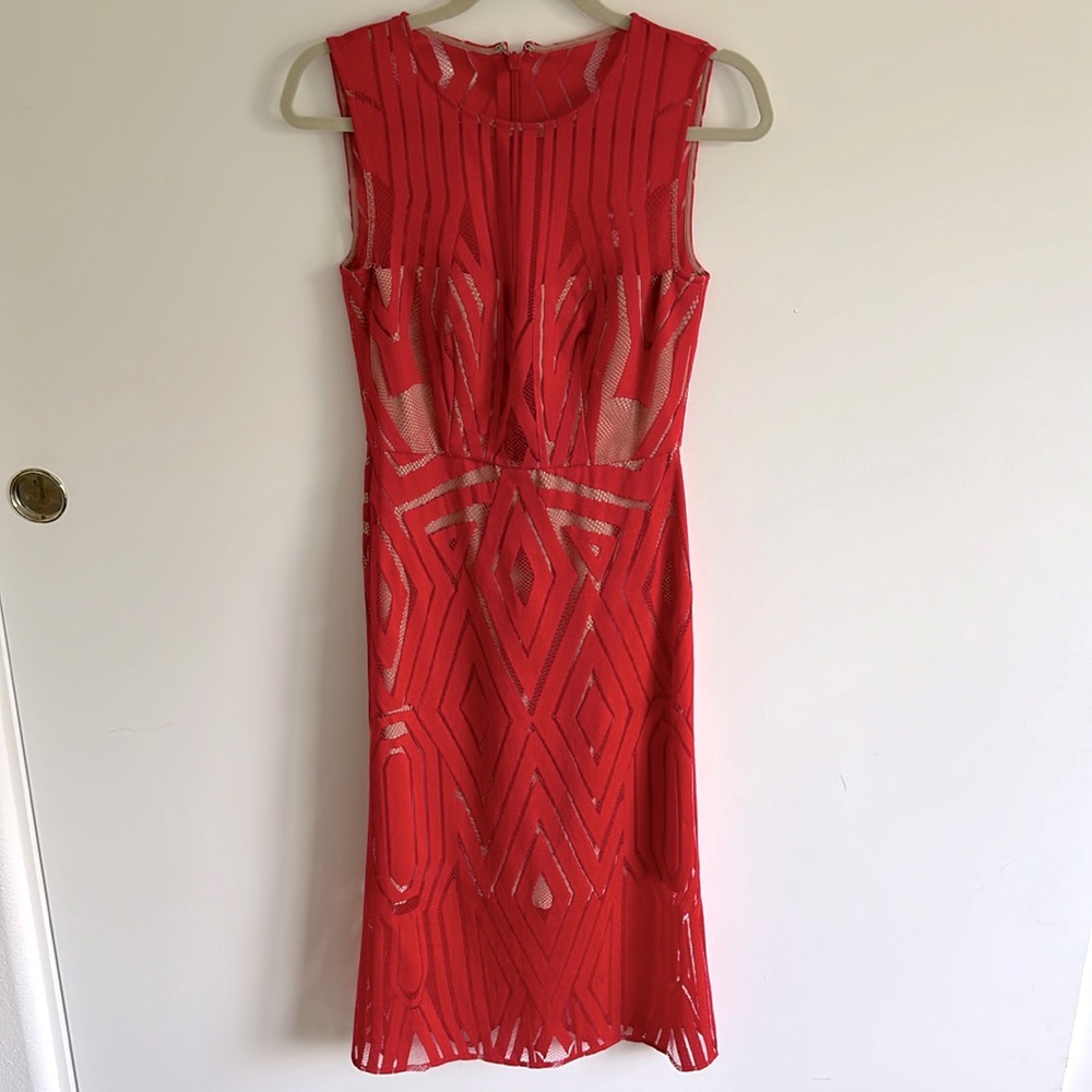 BCBGMAXAZRIA Red Corset Lace Midi Lined Sleeveless Dress Size 4